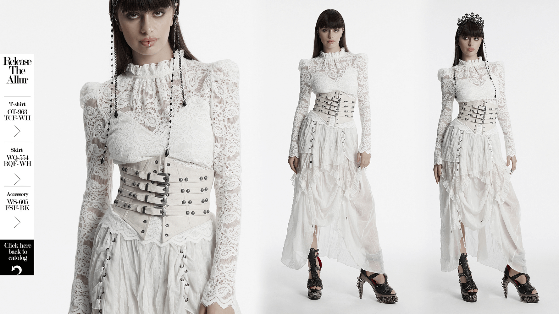 Model wearing a white underbust corset with buckles and lace-up back, styled with a flowing skirt and accessories.