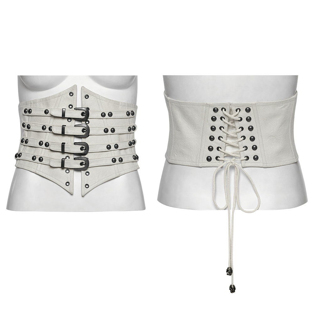 White underbust corset with adjustable buckles and lace-up back, featuring punk-inspired studded accents.