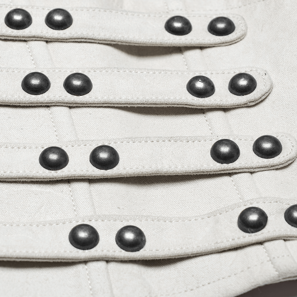 Close-up of white underbust corset buckles and studded accents, showcasing punk rock style and durable faux leather.