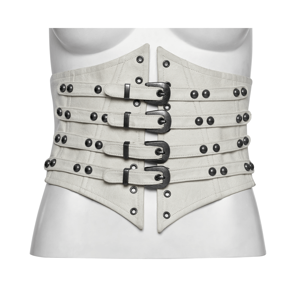 White underbust corset with adjustable straps, buckles, and studded accents for a punk retro look.