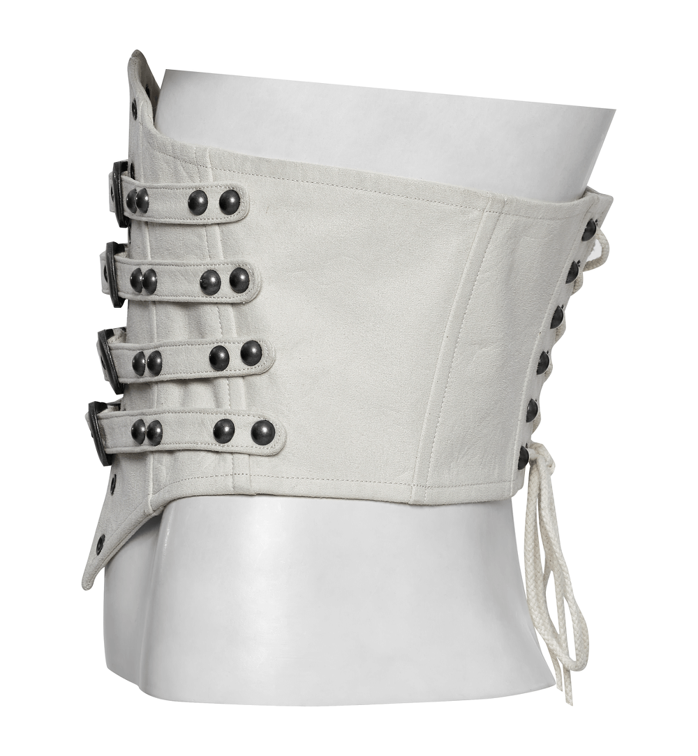 White underbust corset with adjustable buckle straps and lace-up back, showcasing punk retro style and studded accents.