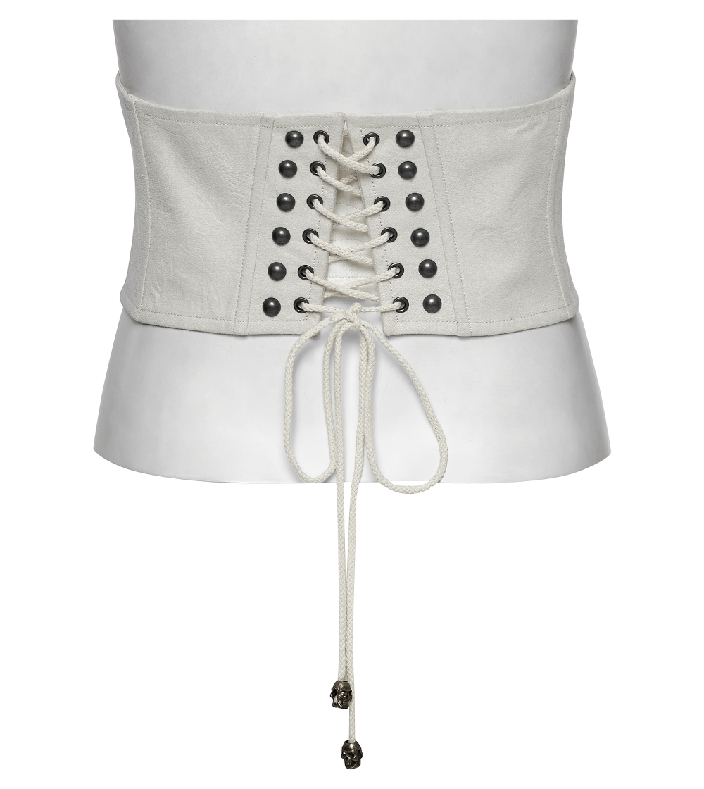 White underbust corset with lace-up back and studded accents, showcasing punk retro style and adjustable fit.