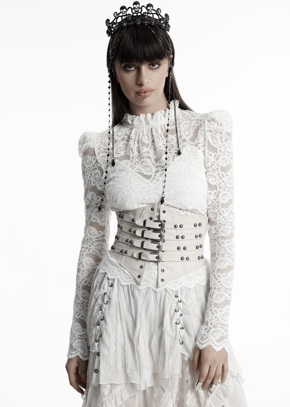 Model showcasing a white underbust corset with buckles and studded accents, styled in punk retro fashion.