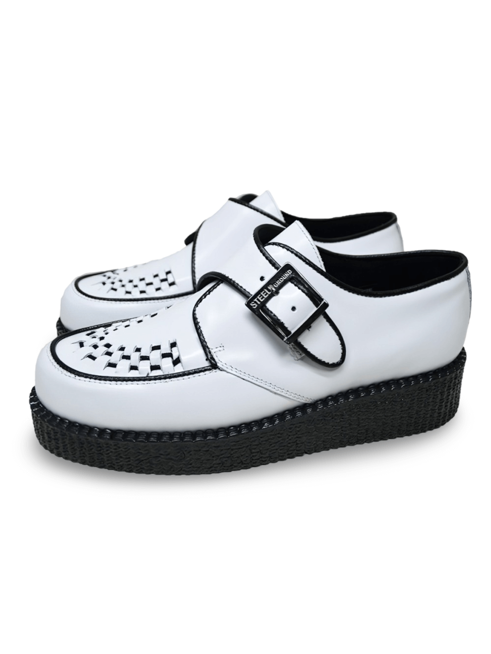 White Unisex Creepers with Buckle and Round Toe