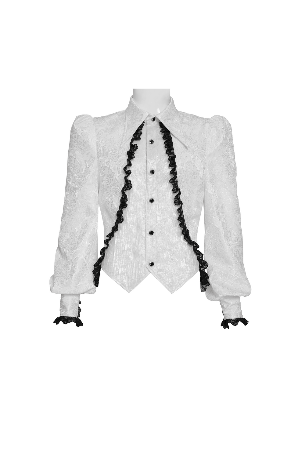 White Victorian Gothic Shirt with Black Lace Jabot Trim displayed on a mannequin, featuring puff sleeves and black lace detail.
