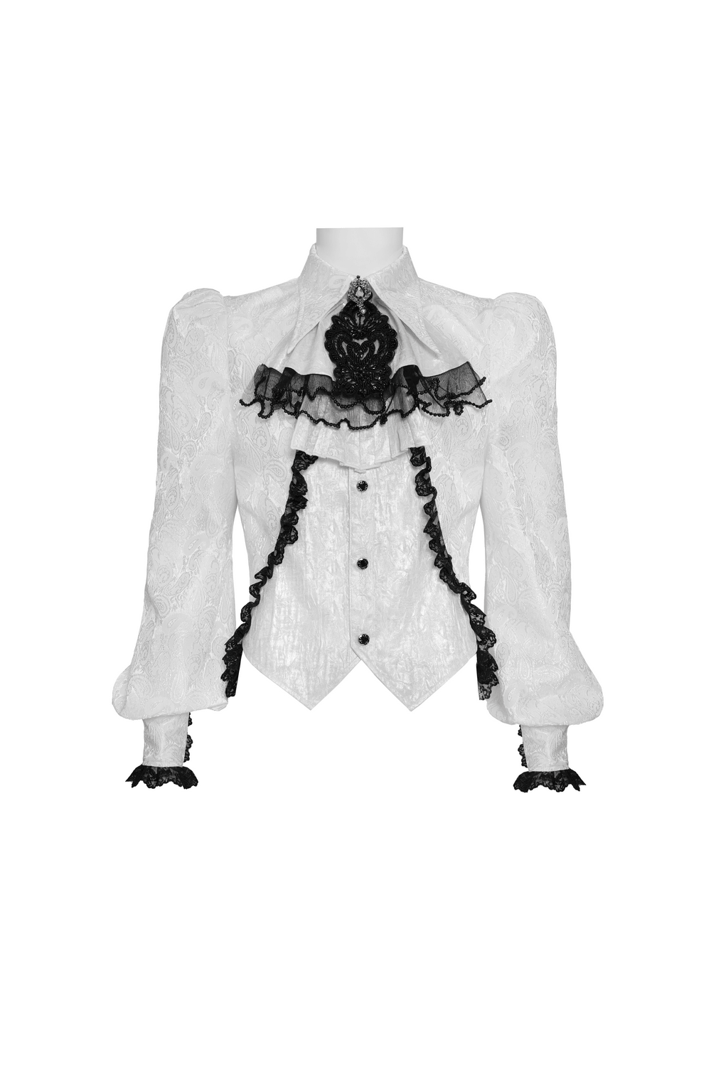 White Victorian Gothic Shirt with Black Lace Jabot Trim featuring puff sleeves and ornate details.