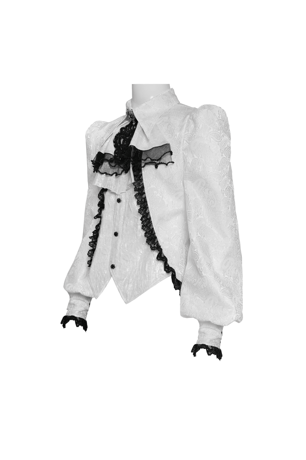 White Victorian Gothic Shirt with Black Lace Jabot Trim featuring puff sleeves and ornate black jabot details.