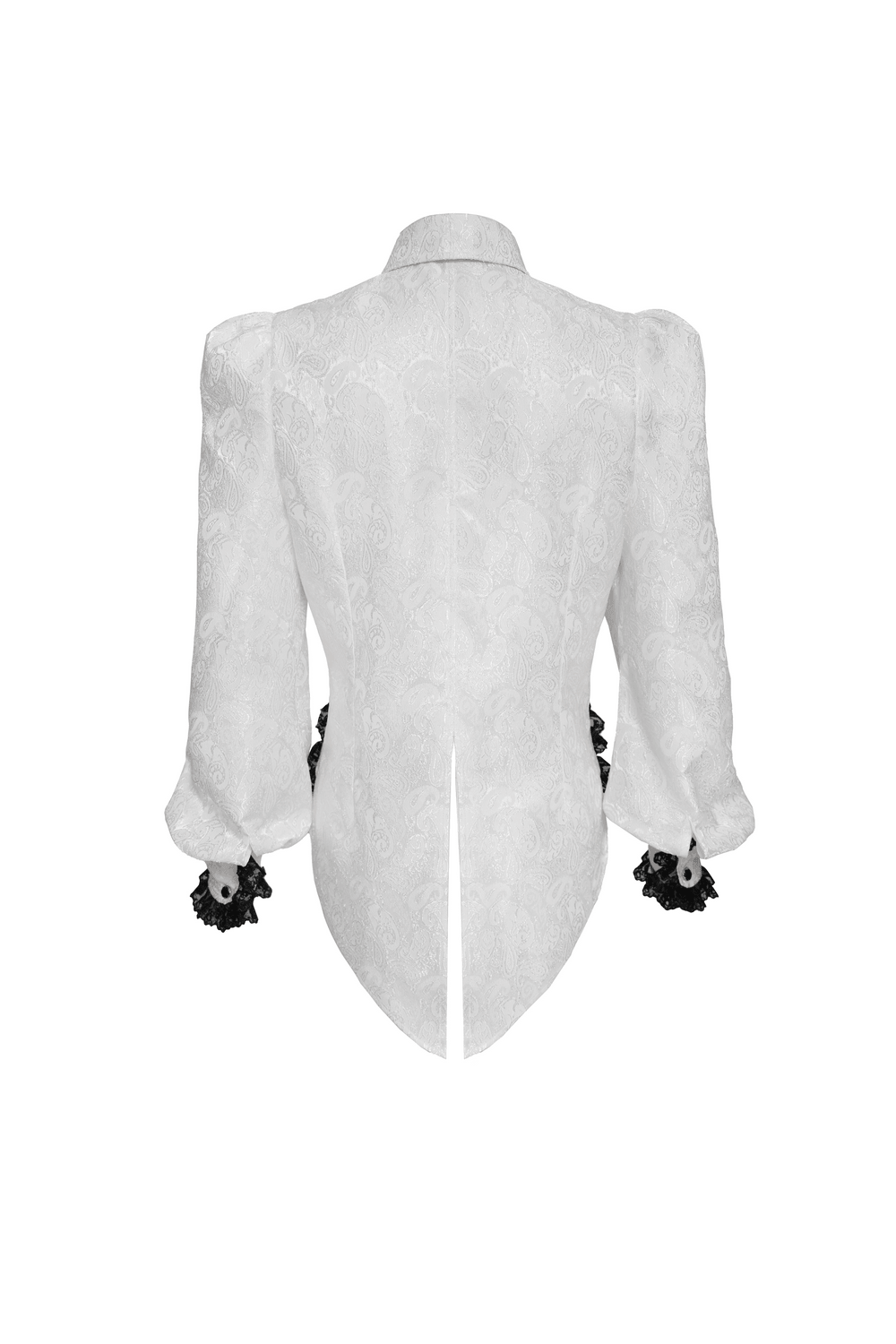 White Victorian Gothic Shirt with Black Lace Jabot Trim back view showcasing elegant puff sleeves and lace details.