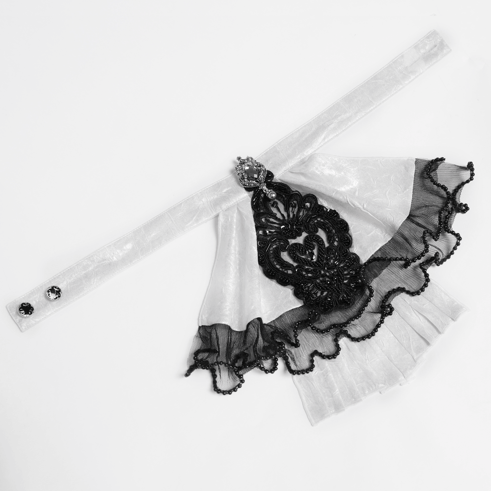 White Victorian Gothic Shirt with Black Lace Jabot Trim featuring ornate black jabot and ruffled detail.