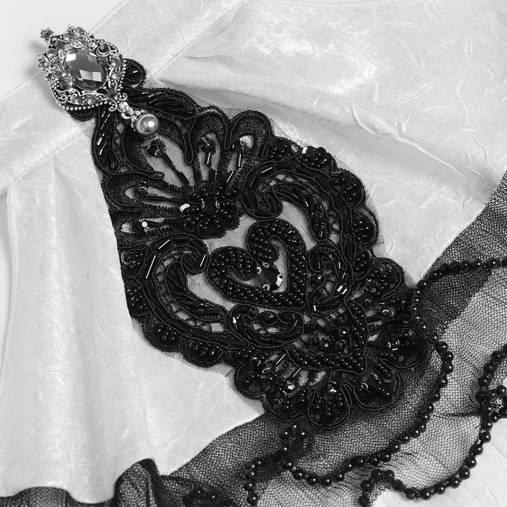 White Victorian Gothic Shirt with Black Lace Jabot Trim intricate applique detail featuring jeweled brooch and elegant lace trims.