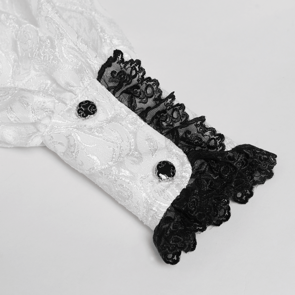 White Victorian Gothic Shirt with Black Lace Jabot Trim cuff detail showcasing lace and buttons.