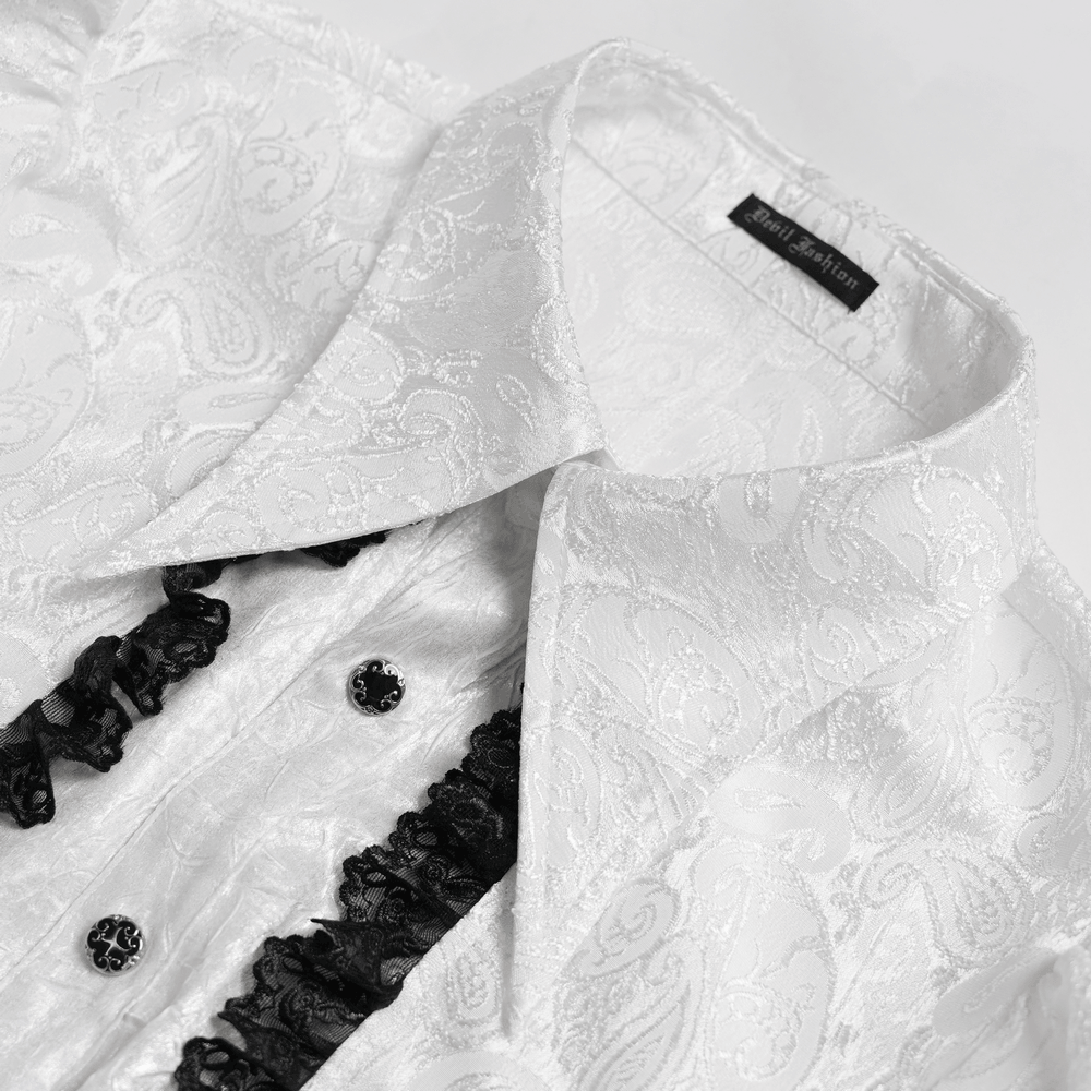 White Victorian Gothic Shirt with Black Lace Jabot Trim showcasing ornate details and puff sleeves.