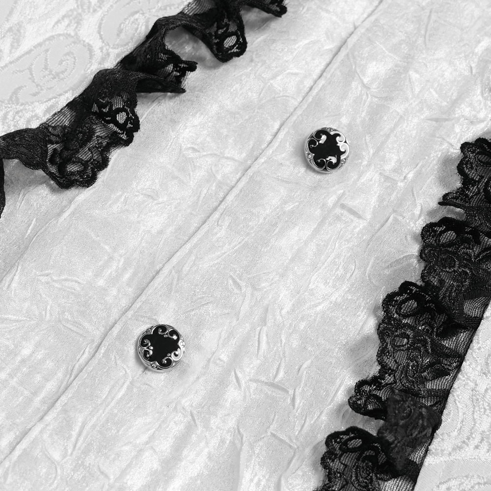 White Victorian Gothic Shirt with Black Lace Jabot Trim featuring elegant lace ruffles and ornate buttons.