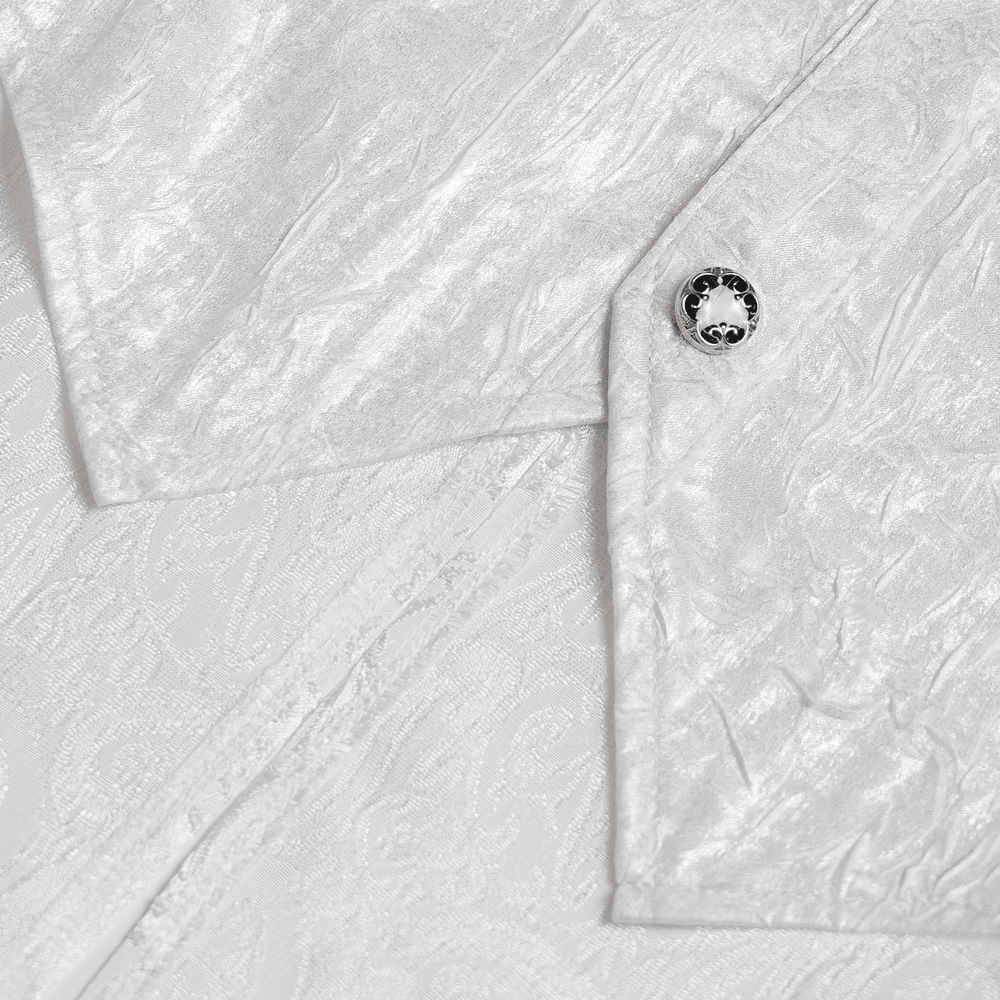 Close-up of White Victorian Gothic Shirt with Black Lace Jabot Trim showcasing paisley texture and jeweled brooch detail.