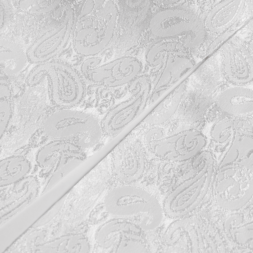White Victorian Gothic Shirt with Black Lace Jabot Trim paisley textured fabric close-up detail.