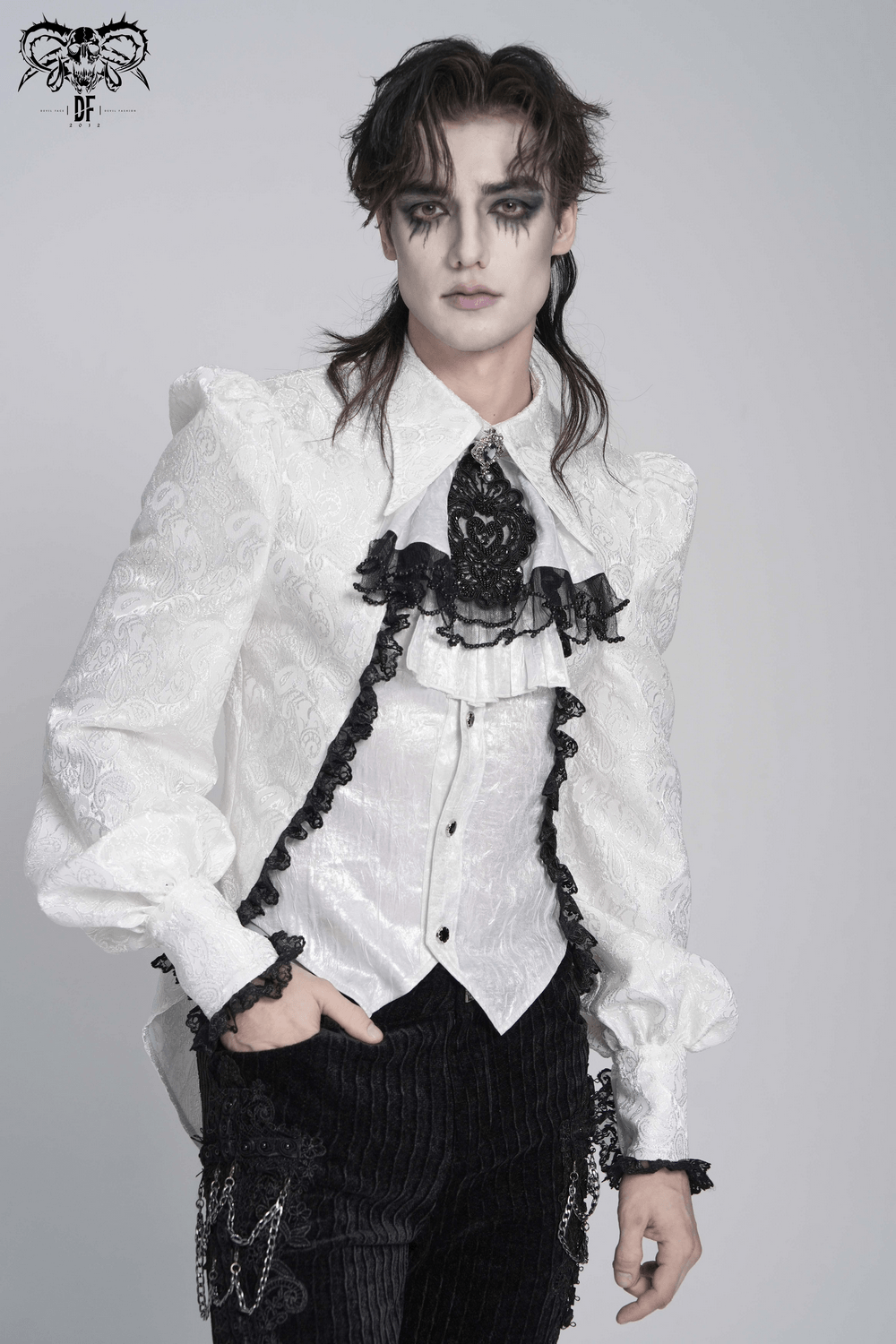White Victorian Gothic Shirt with Black Lace Jabot Trim worn by a model showcasing gothic elegance with puff sleeves.