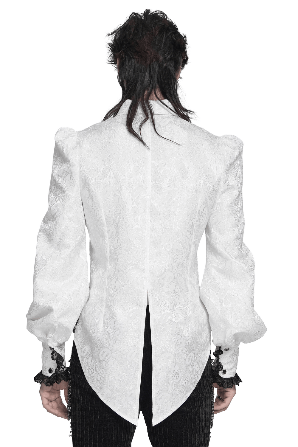 White Victorian Gothic Shirt with Black Lace Jabot Trim back view showcasing elegant puff sleeves and tailored design.