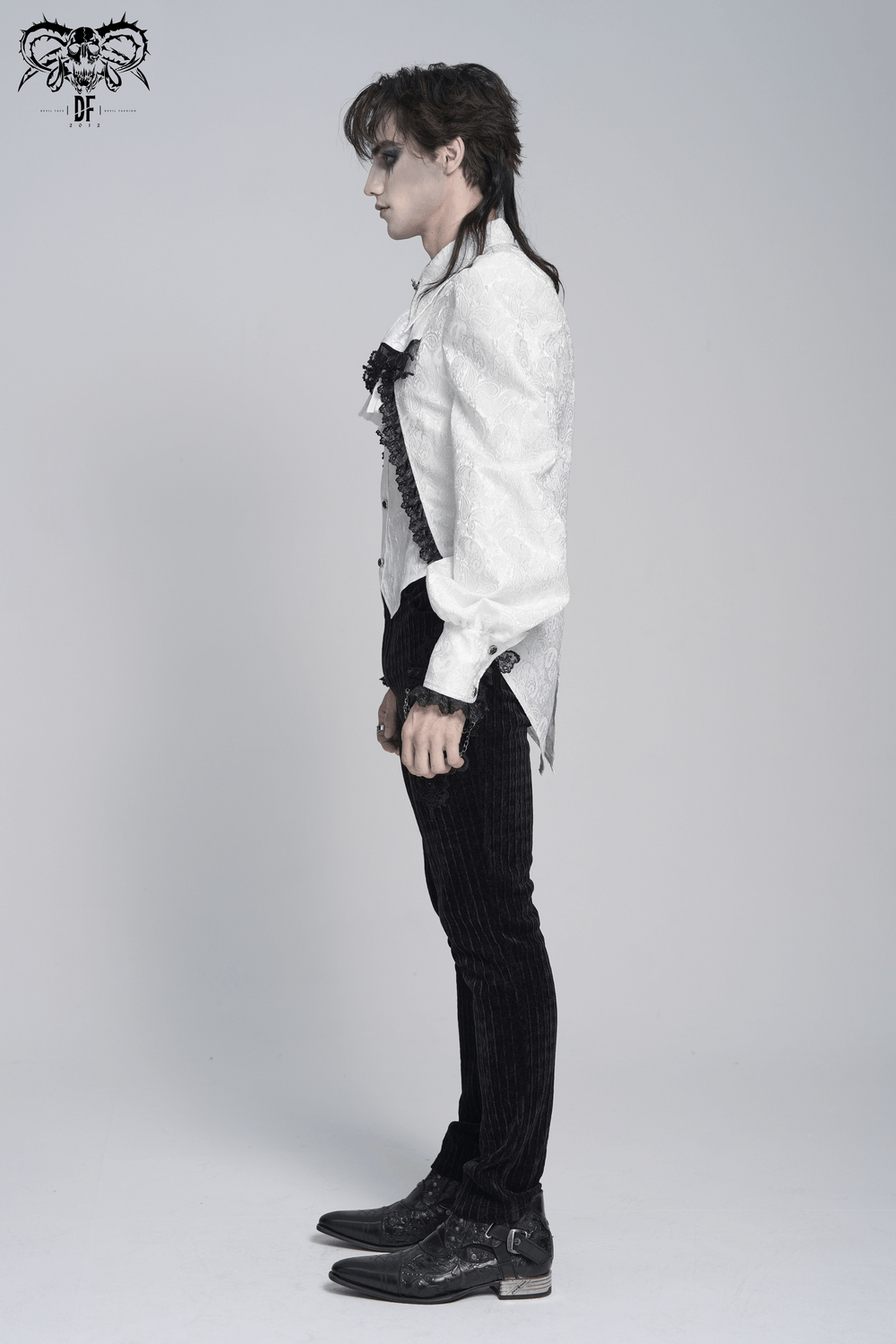 White Victorian Gothic Shirt with Black Lace Jabot Trim worn by model showcasing elegant design and puff sleeves.