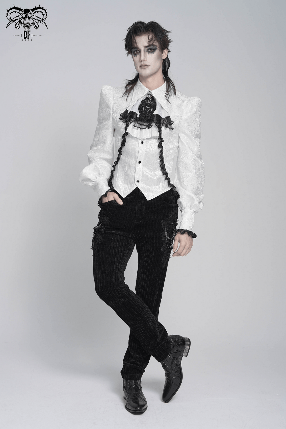 White Victorian Gothic Shirt with Black Lace Jabot Trim styled with black pants and dramatic accessories.