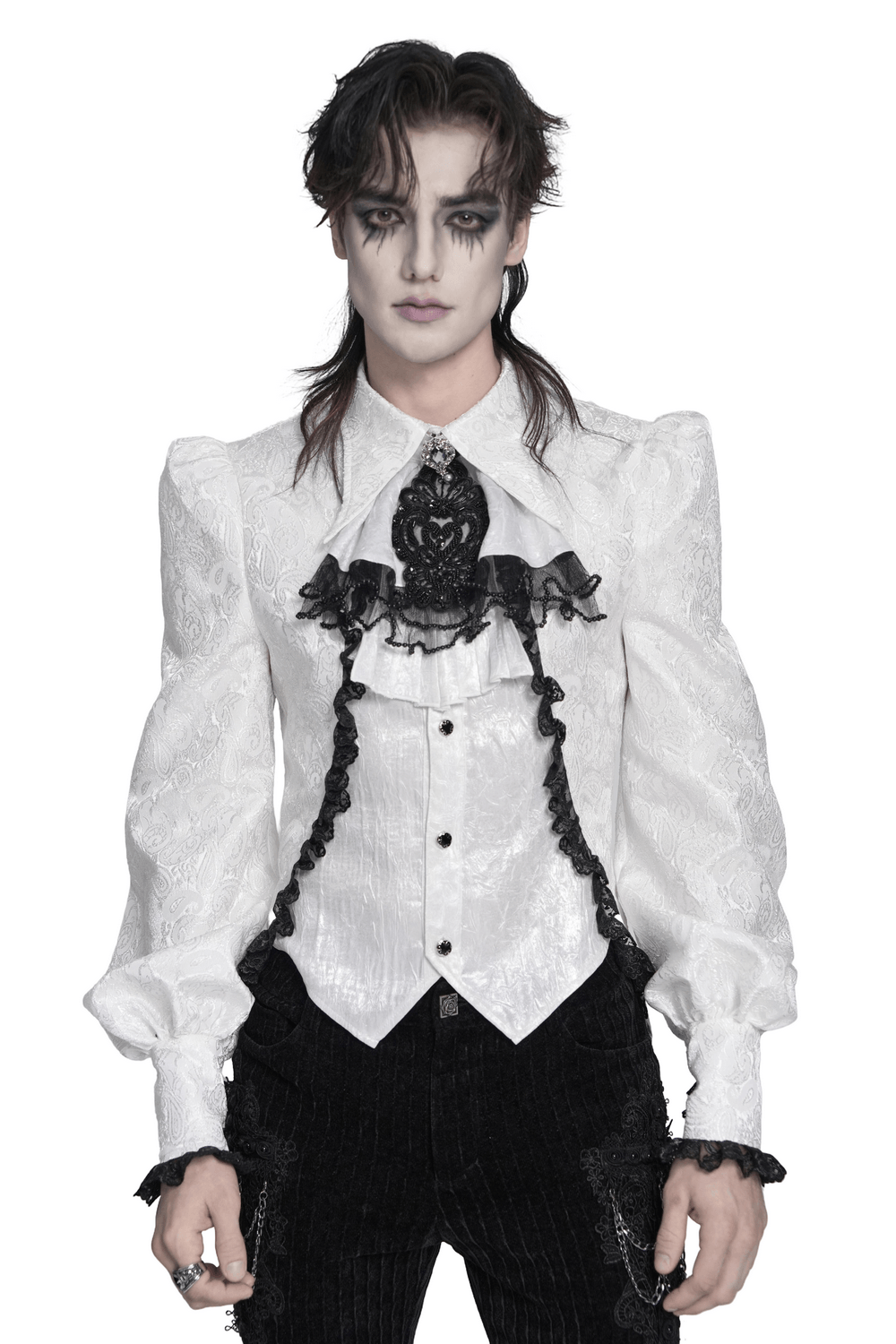 White Victorian Gothic Shirt with Black Lace Jabot Trim worn by a model with dramatic eye makeup and punk style.