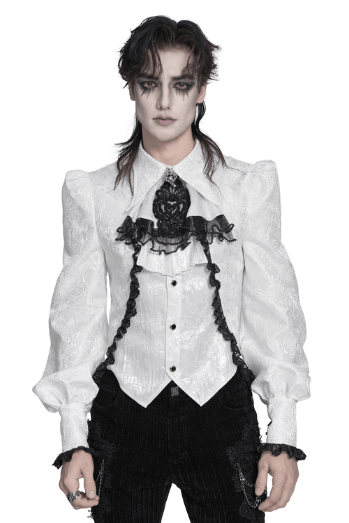 Camisa gótica victoriana blanca con adorno de jabot de encaje negro