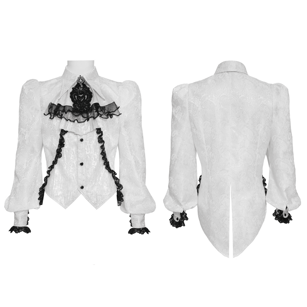 White Victorian Gothic Shirt with Black Lace Jabot Trim showcasing puff sleeves and ornate black jabot detailing.