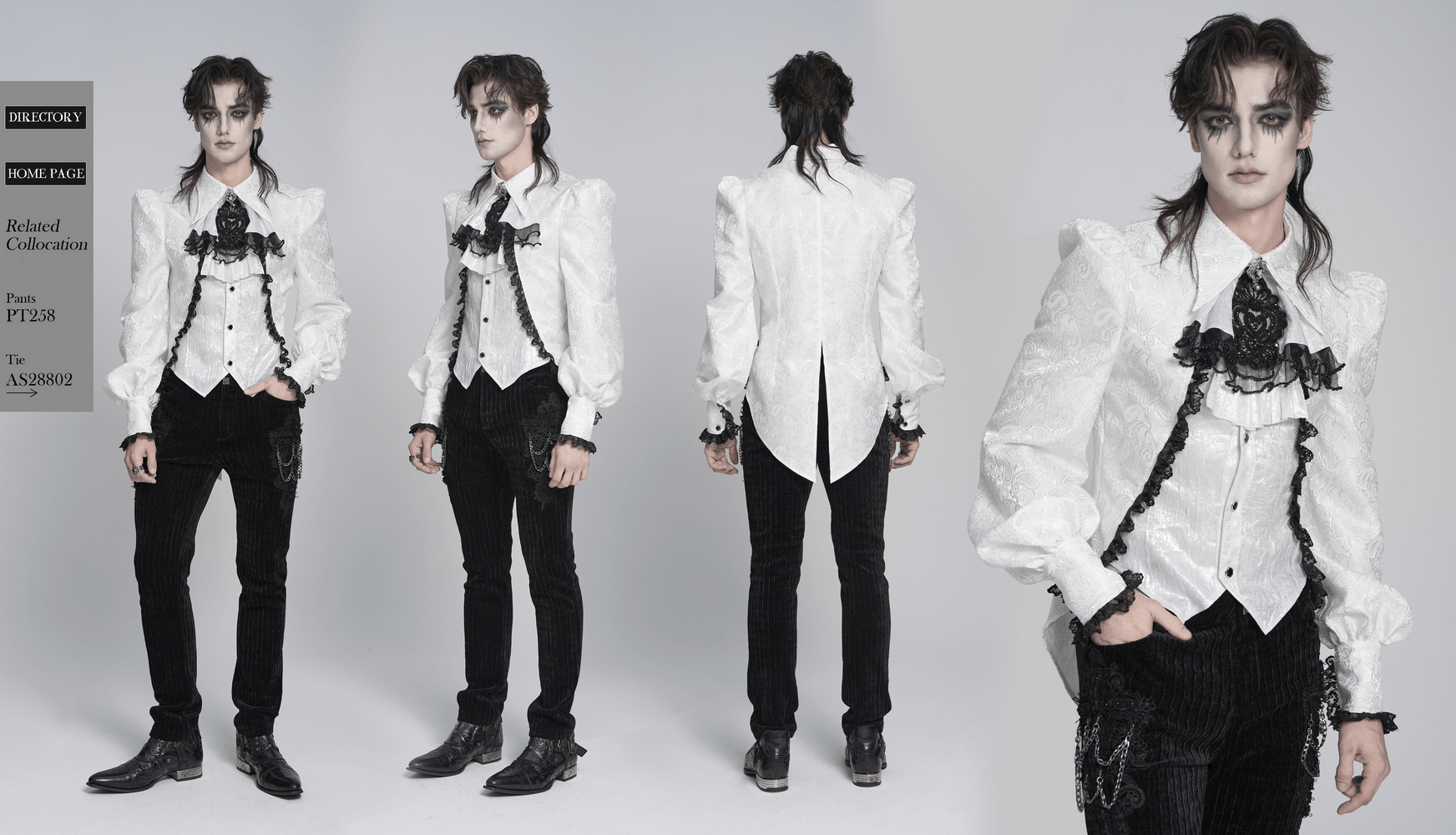 White Victorian Gothic Shirt with Black Lace Jabot Trim worn by model showcasing gothic fashion style and intricate details.