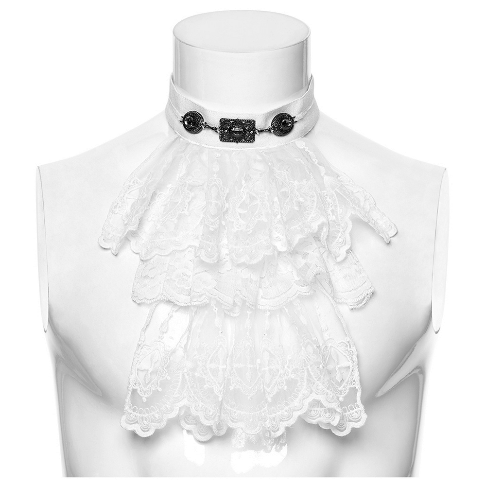 White Victorian Lace Neck Ruffle with Gothic Charm showcased on a mannequin, featuring intricate lace and elegant design.