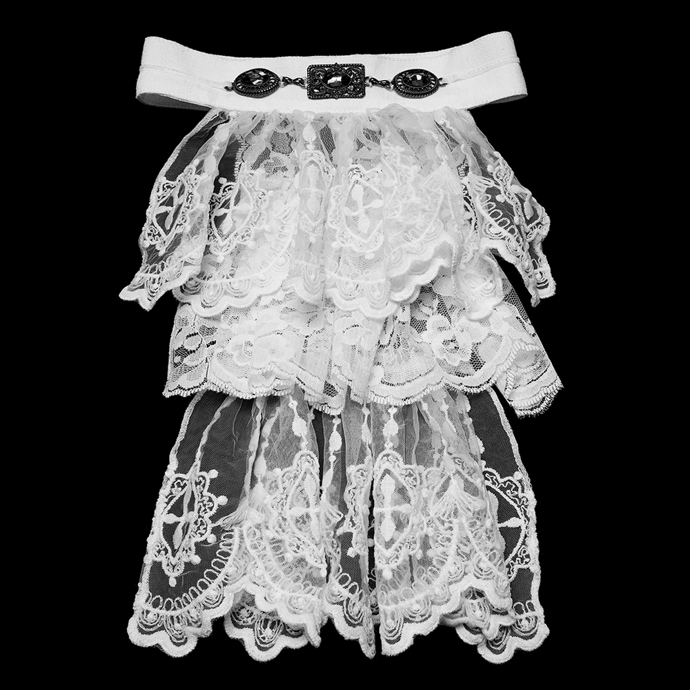 White Victorian Lace Neck Ruffle with Gothic Charm showcasing intricate lace layers and ornate button detail.