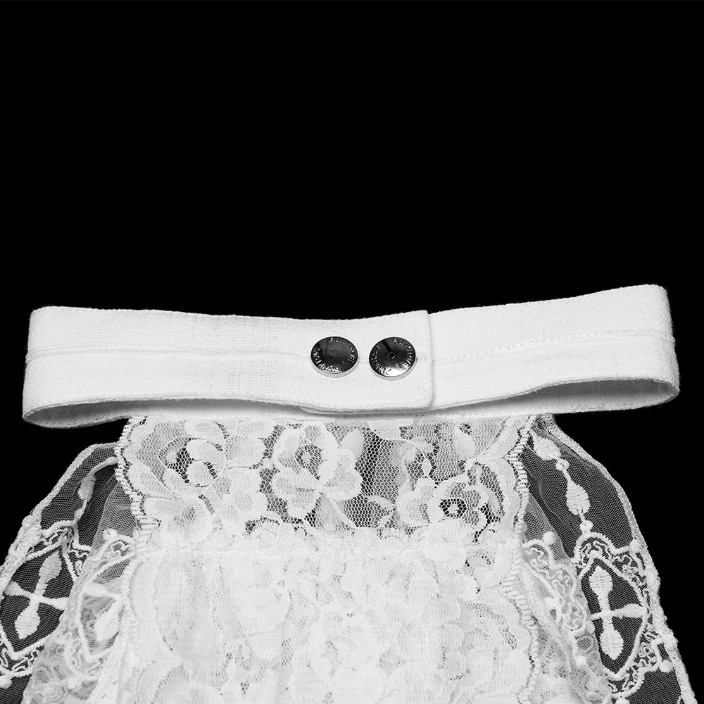 White Victorian Lace Neck Ruffle with Gothic Charm detailed view showcasing lace, buttons, and exquisite design.