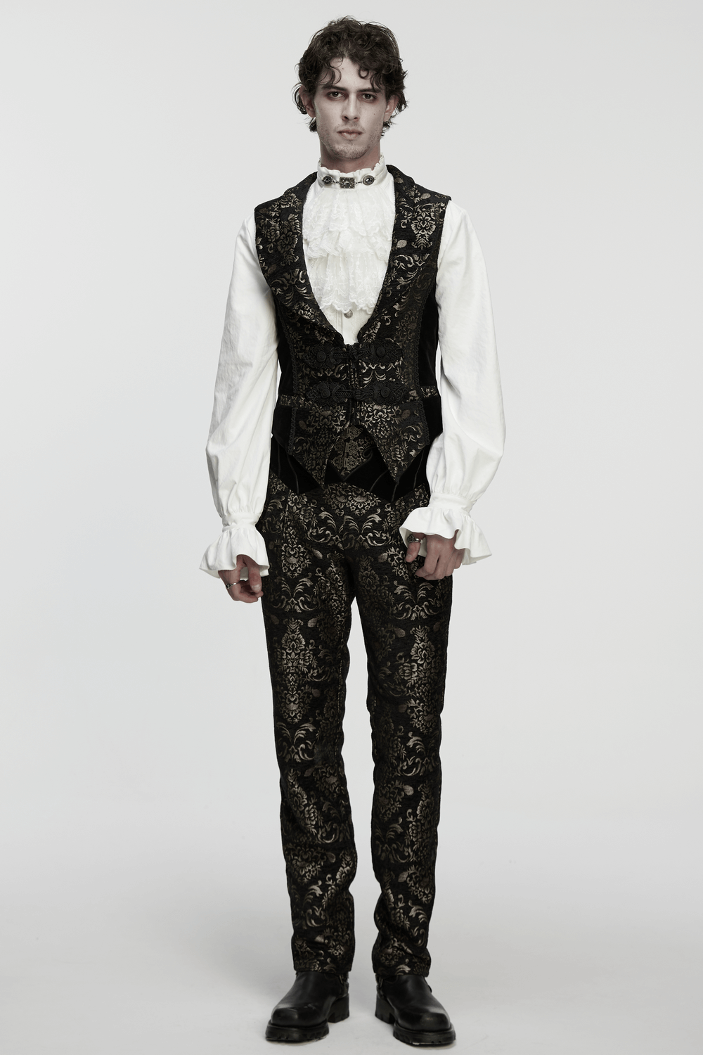 White Victorian Lace Neck Ruffle with Gothic Charm displayed on a model in a gothic-inspired outfit.