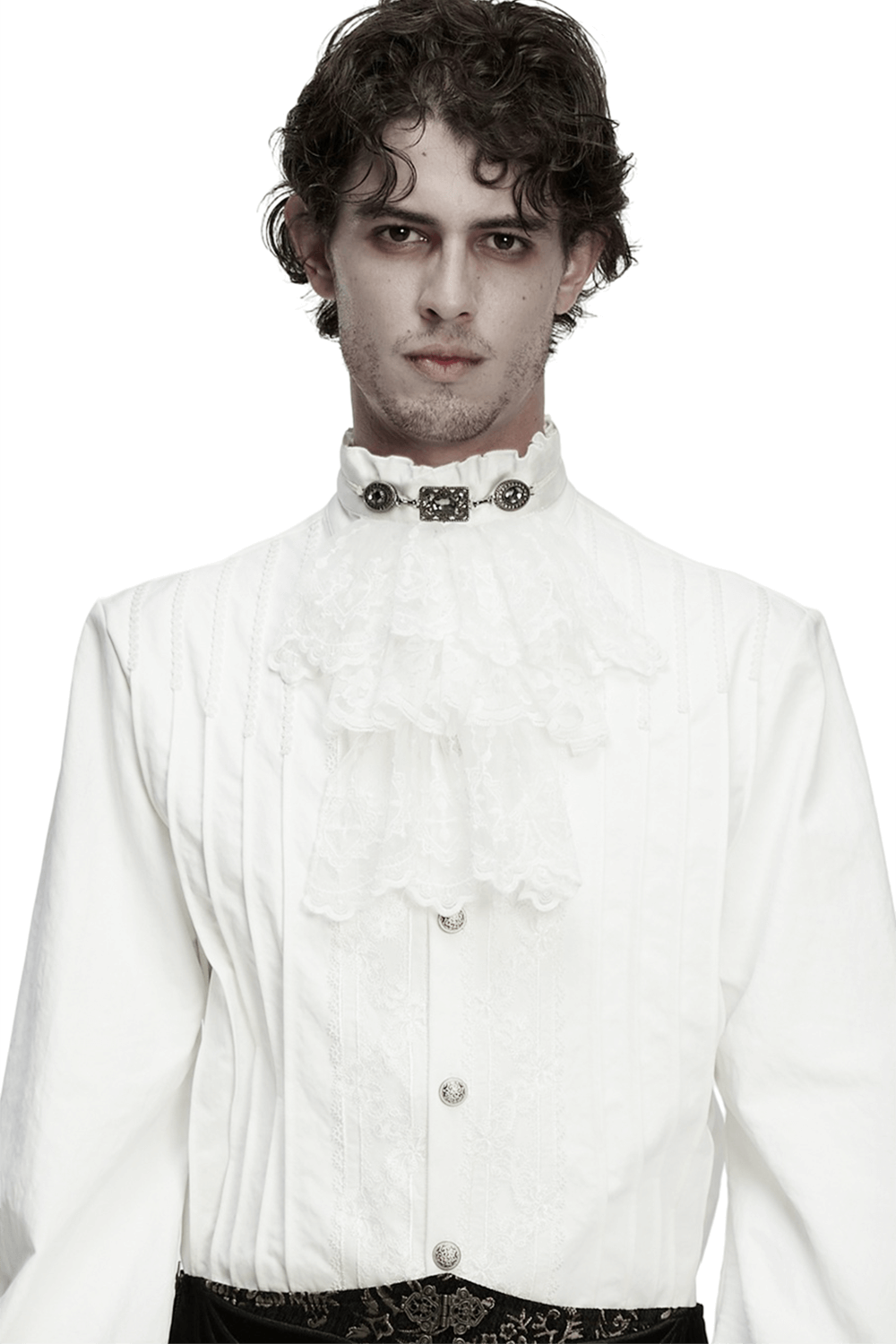 White Victorian Lace Neck Ruffle with Gothic Charm worn by a model, emphasizing intricate lace and vintage style.