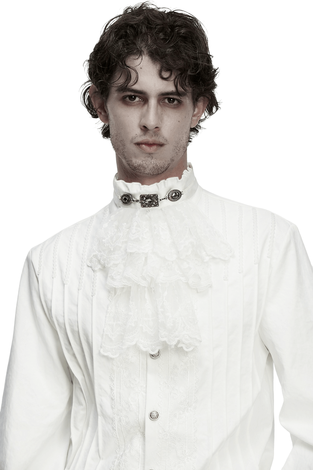 White Victorian Lace Neck Ruffle with Gothic Charm worn by a model, featuring elegant waves and ornate buttons.