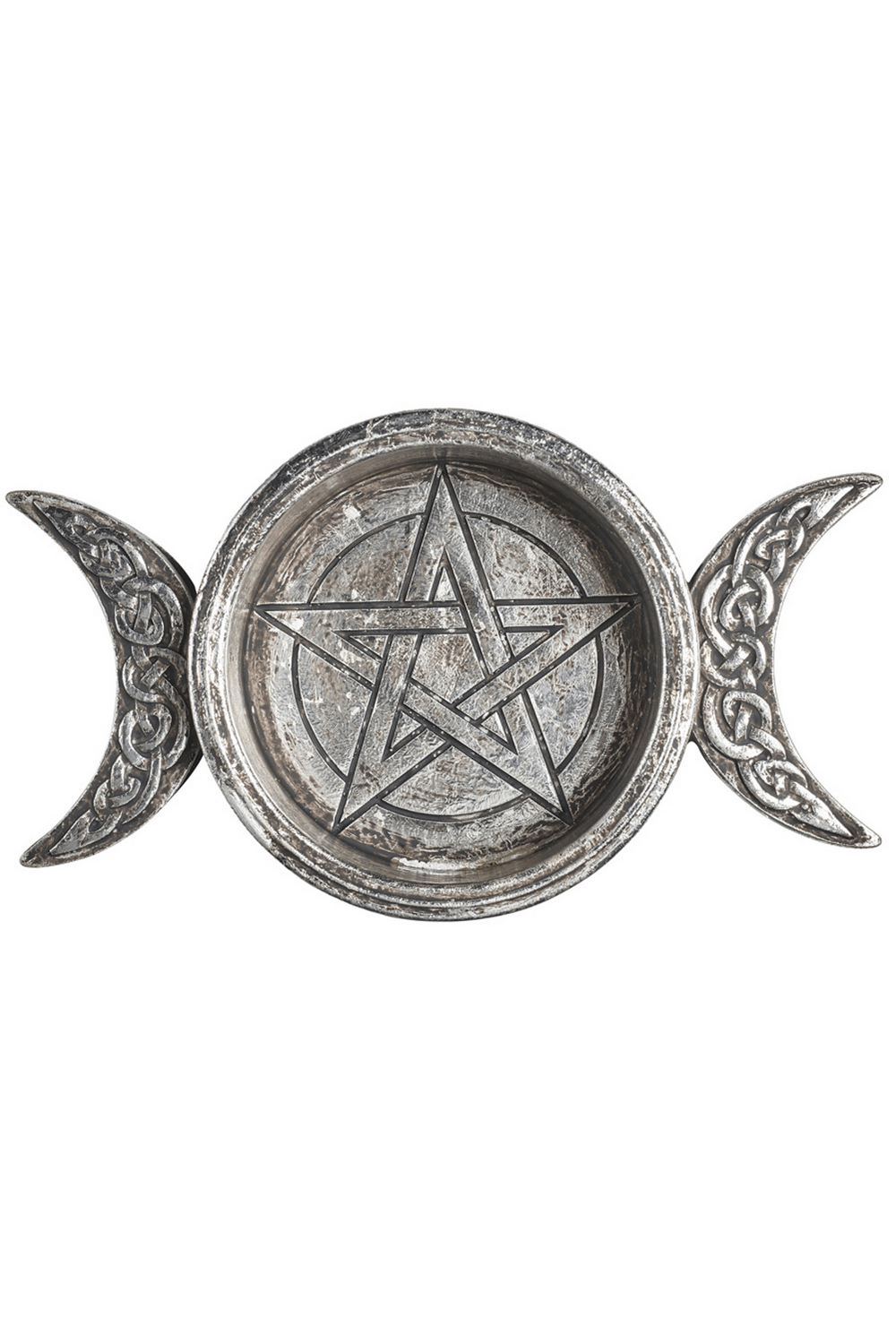 Cerridwen altar offering dish with crescent moons and pentagram for spiritual practices.