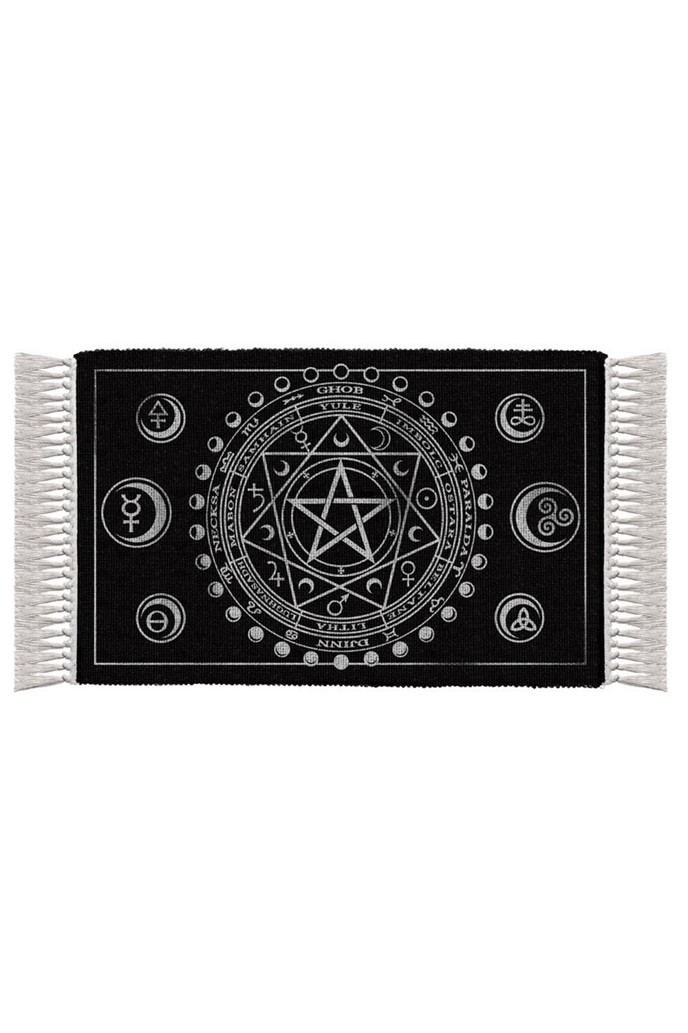 Wiccan altar rug featuring moon phases and sabbat symbols, perfect for witchcraft and pagan rituals.