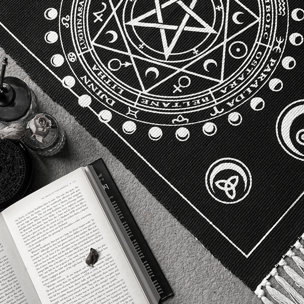 Wiccan altar rug featuring moon phases and sabbat symbols, ideal for witchcraft and spiritual practices.