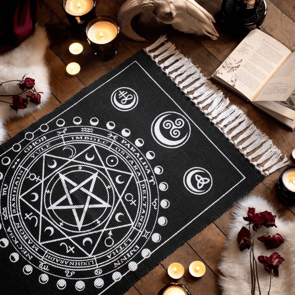 Wiccan altar rug featuring moon phases and Sabbat symbols, perfect for ritual and spiritual practices.