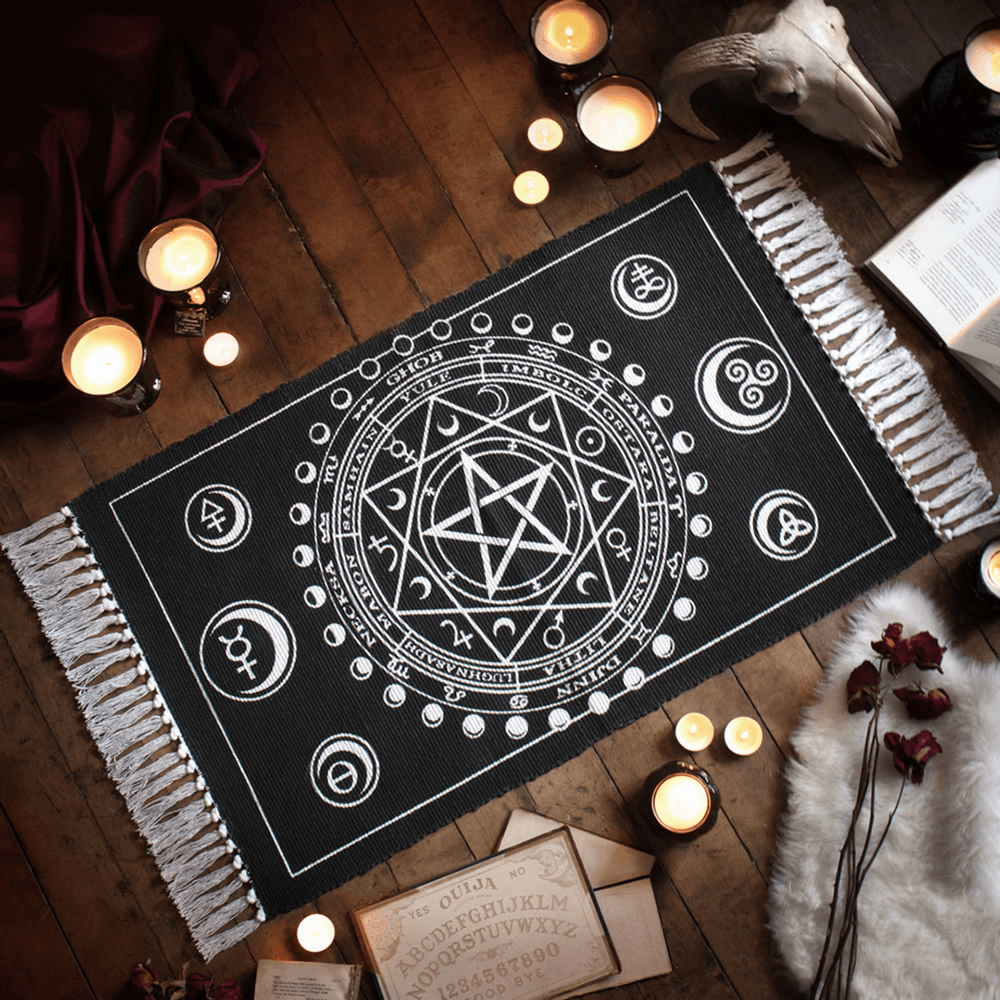 Wiccan altar rug featuring moon phases and symbols, perfect for witchcraft rituals and spiritual practices.