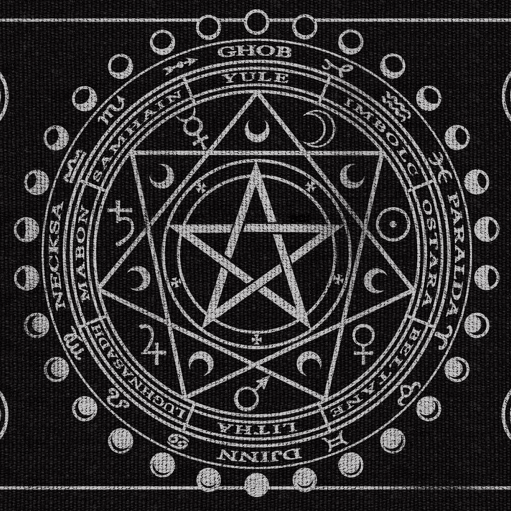 Wiccan altar rug featuring a pentagram, moon phases, and Sabbat symbols for occult rituals and witchcraft.