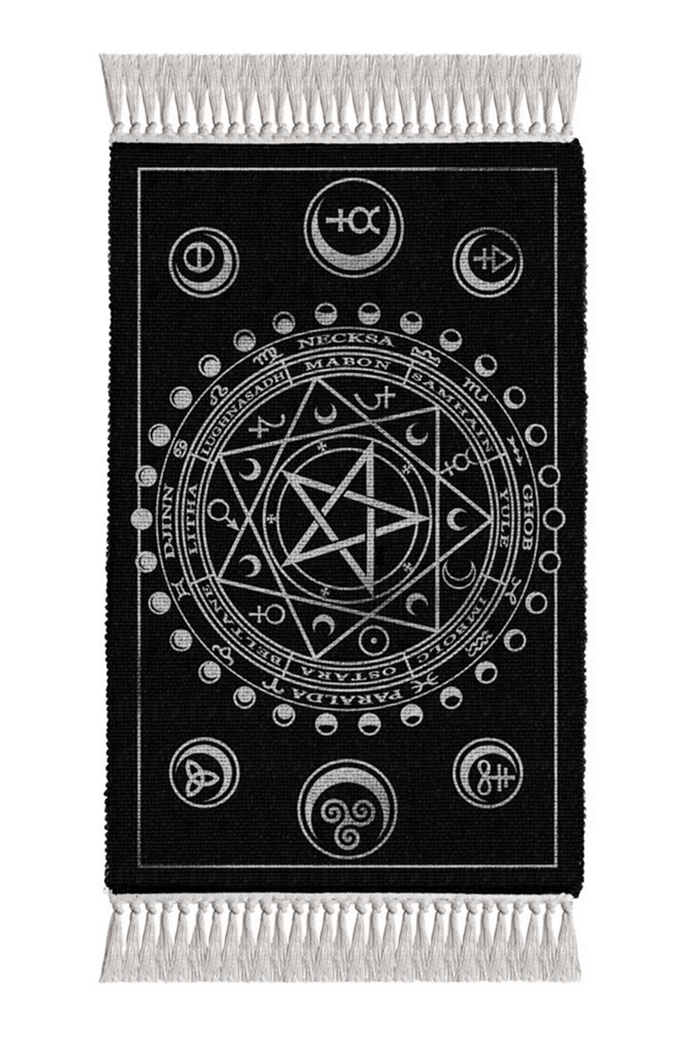 Wiccan altar rug with moon phases and sabbat symbols, perfect for witchcraft and spiritual rituals.