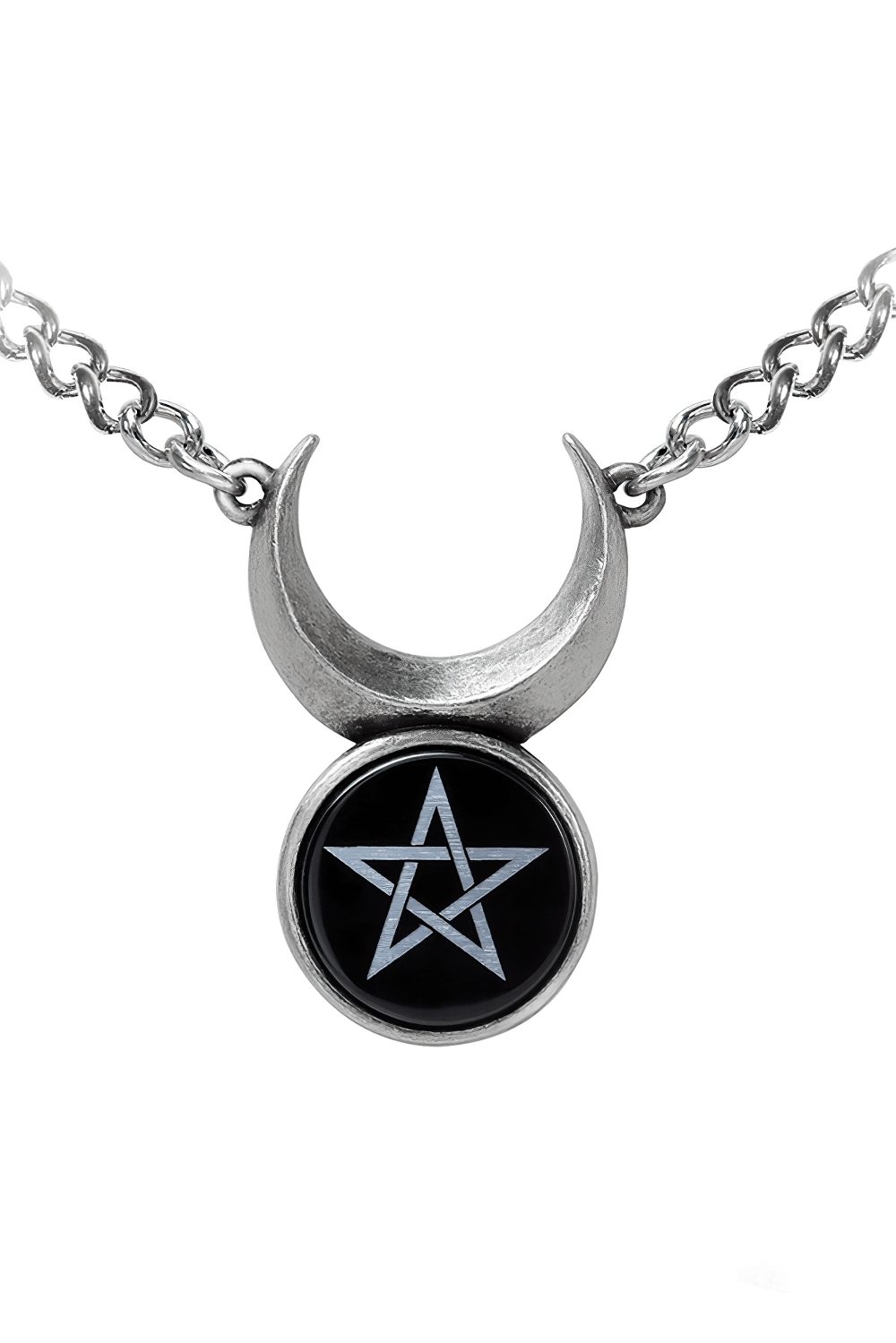 Wiccan crescent moon necklace featuring a pentagram charm, symbolizing the Sin-Horned God and ancient mysticism.