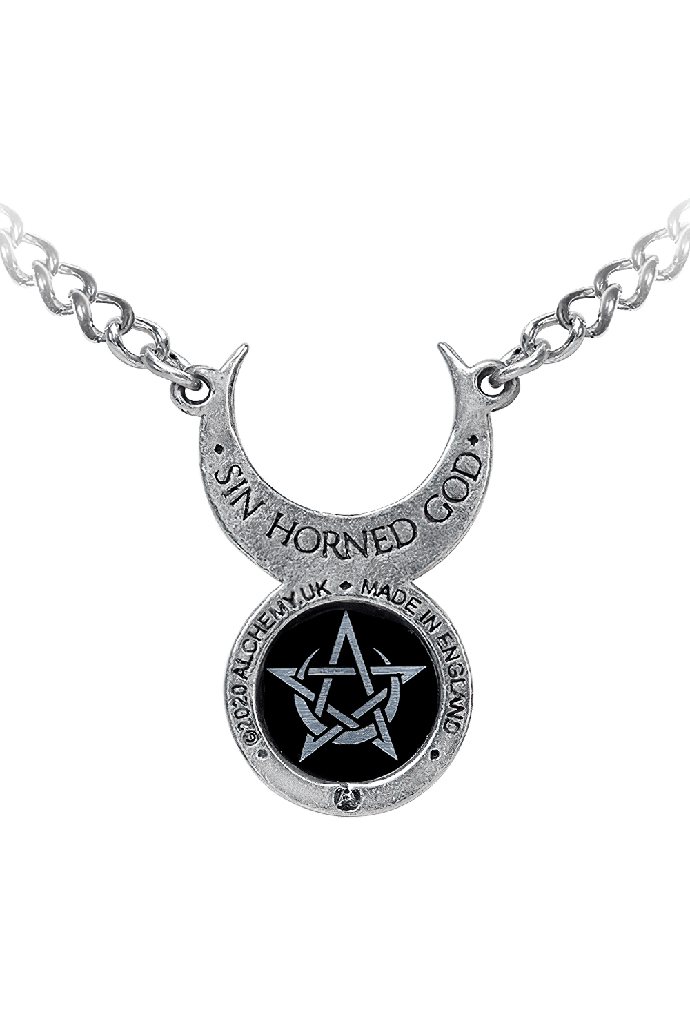 Wiccan crescent moon necklace featuring a pentagram charm and Sin Horned God inscription, symbolizing ancient mysticism.