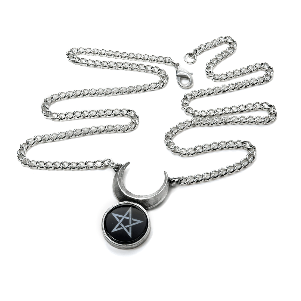 Wiccan crescent moon necklace with pentagram charm, symbolizing ancient mysticism and the divine masculine.