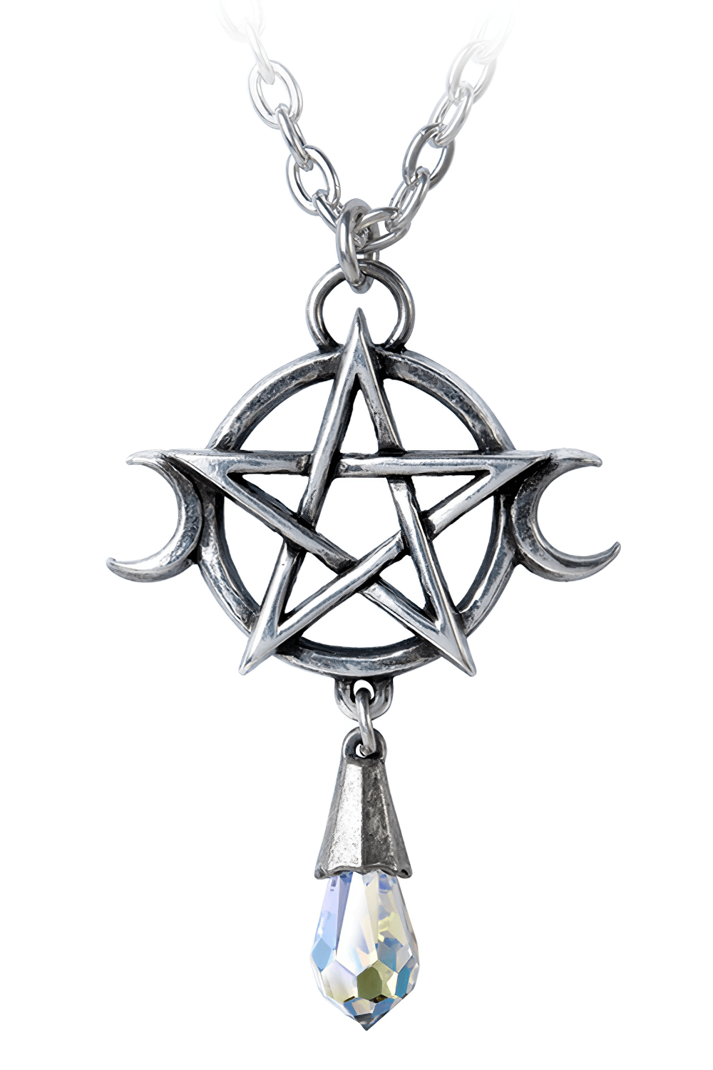 Wiccan Goddess Triple Moon Pendant featuring pentagram and crystal drop, symbolizing balance and spiritual energy.