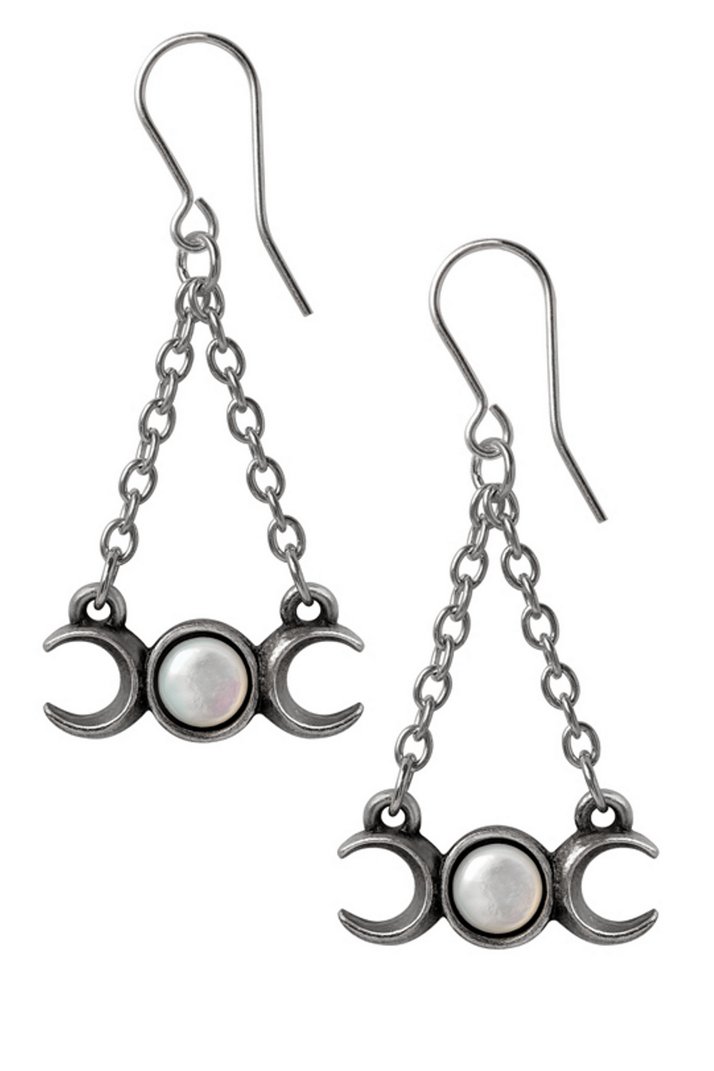 Handmade Wiccan Moon earrings featuring crescent moons and a pearl detail, perfect for mystical elegance.