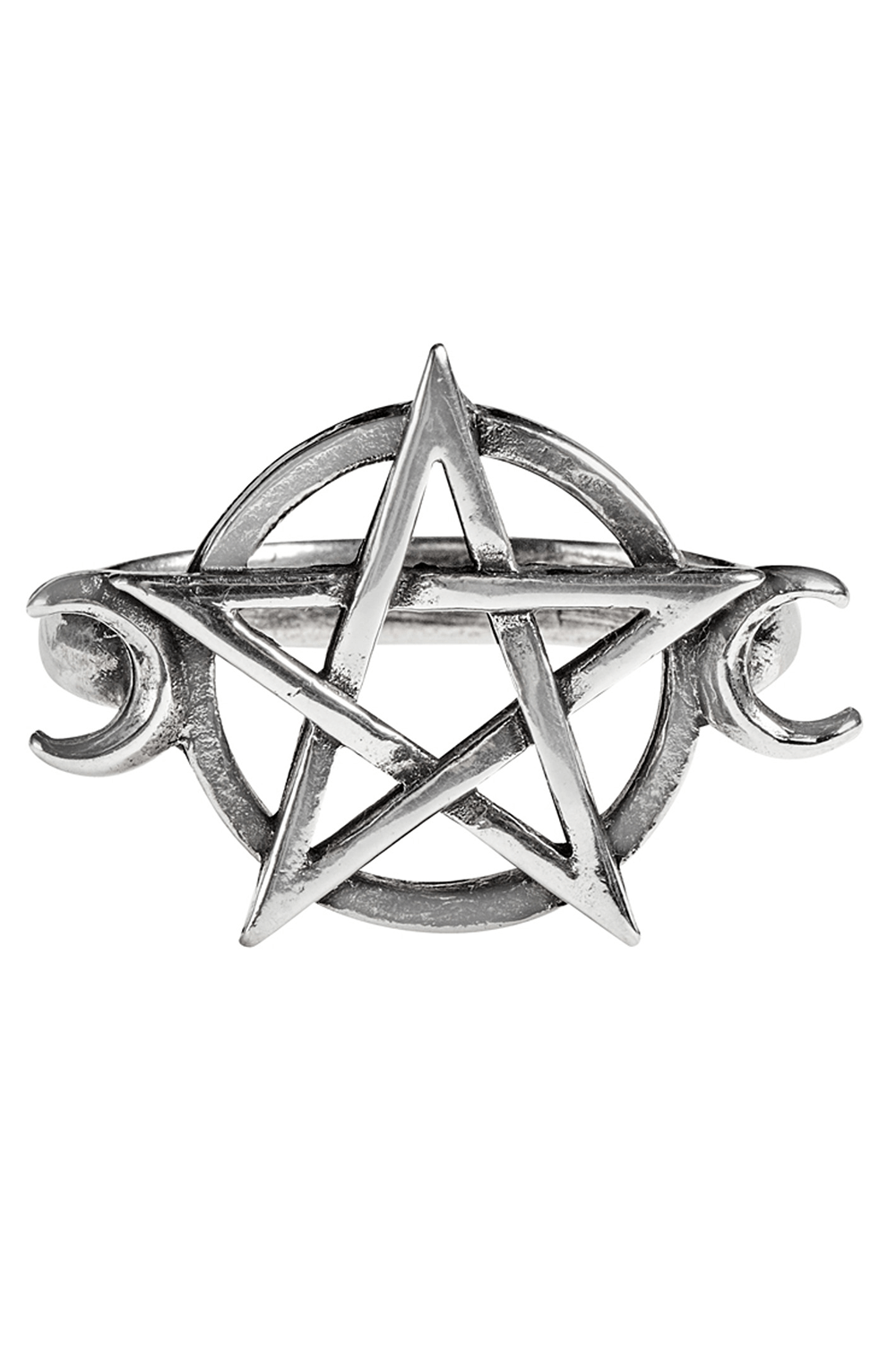 Gothic pewter ring featuring a pentagram and crescent moon motifs, perfect for Wiccan spiritual expression.