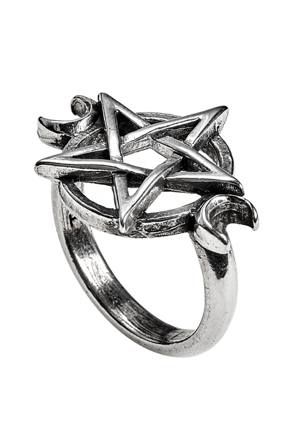 Wiccan pentagram and crescent moon pewter ring for gothic and spiritual fashion.