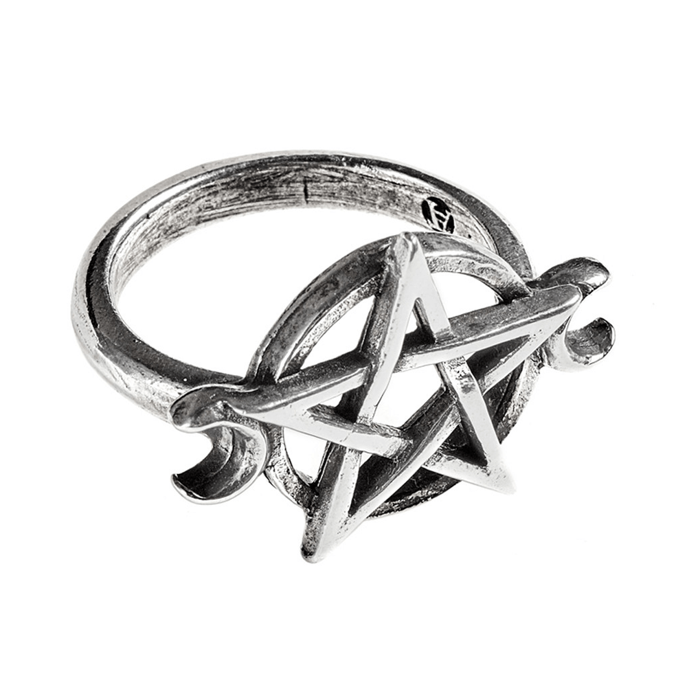 Wiccan pentagram and crescent moon pewter ring, perfect for spiritual expression and alternative fashion lovers.