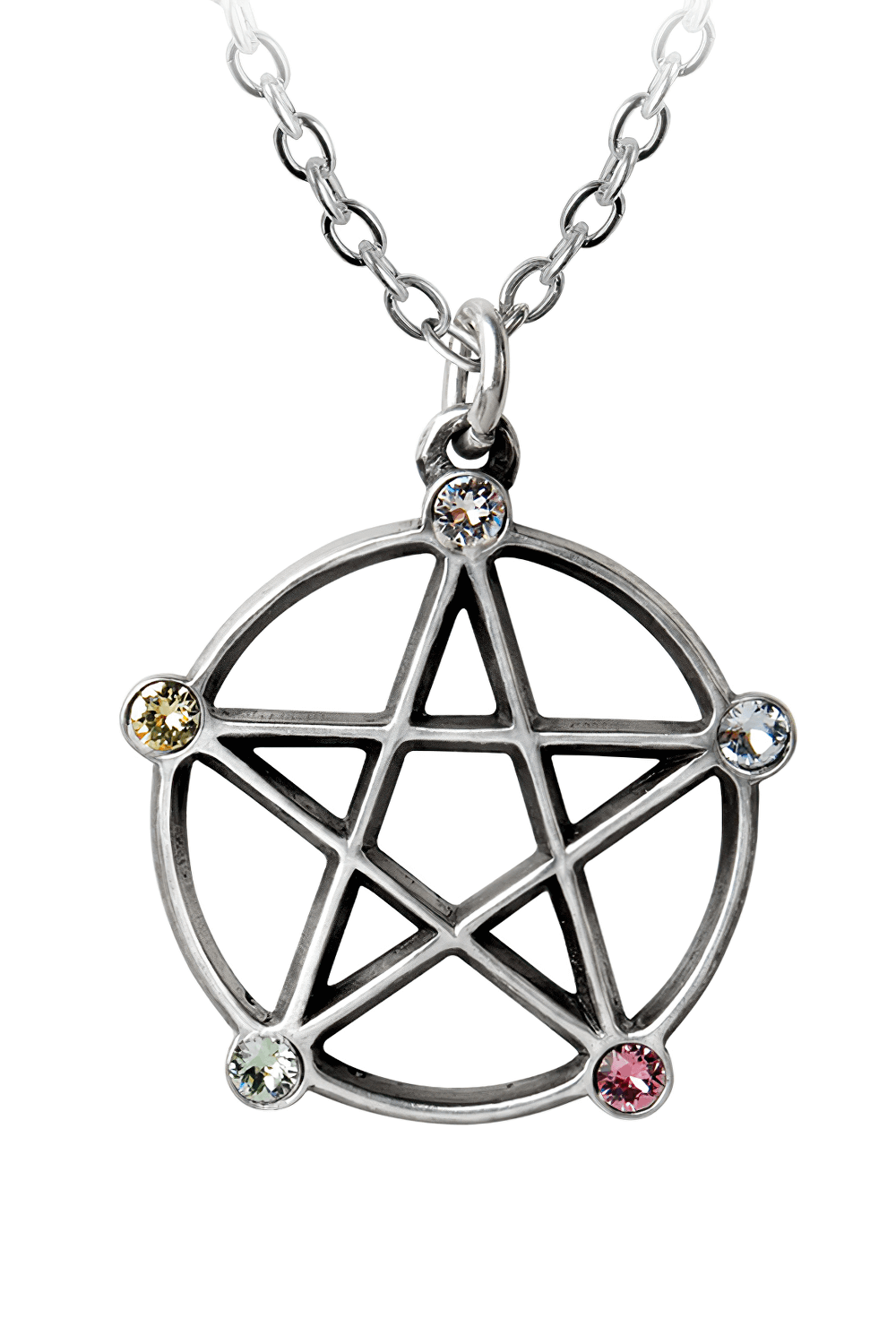 Wiccan pentagram pendant with pastel Austrian crystals on an 18" chain, symbolizing elemental balance.