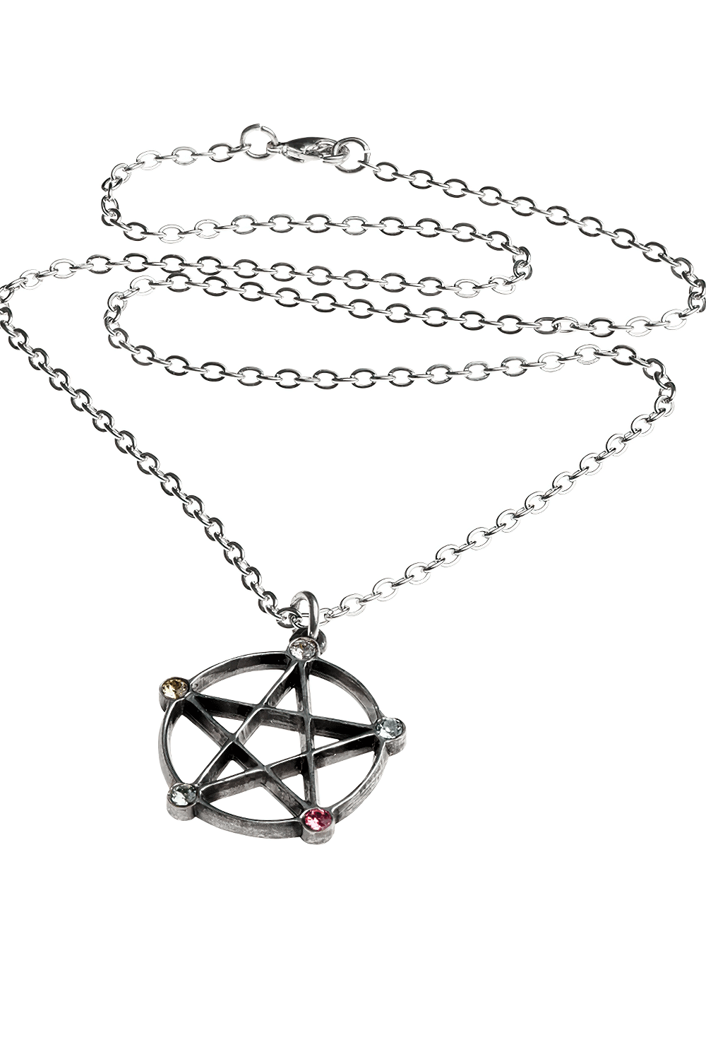 Wiccan pentagram pendant necklace with pastel crystals, symbolizing the elements and cosmic connection.